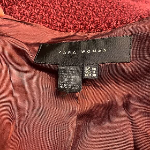 Zara Maroon Button Preppy Frayed Crop Blazer Jacket Size 8 - Picture 3 of 7